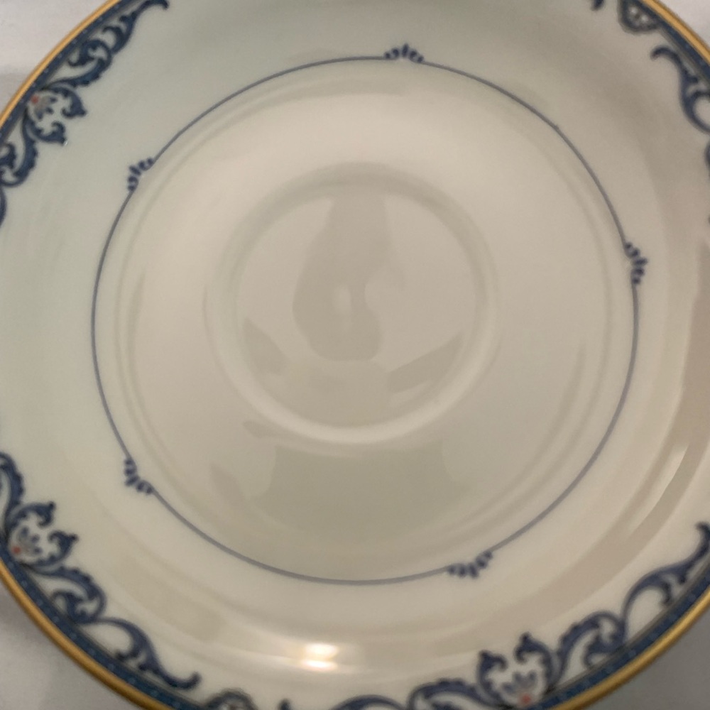 Lennox saucers, liberty collection, blue, and cream with red dots and design